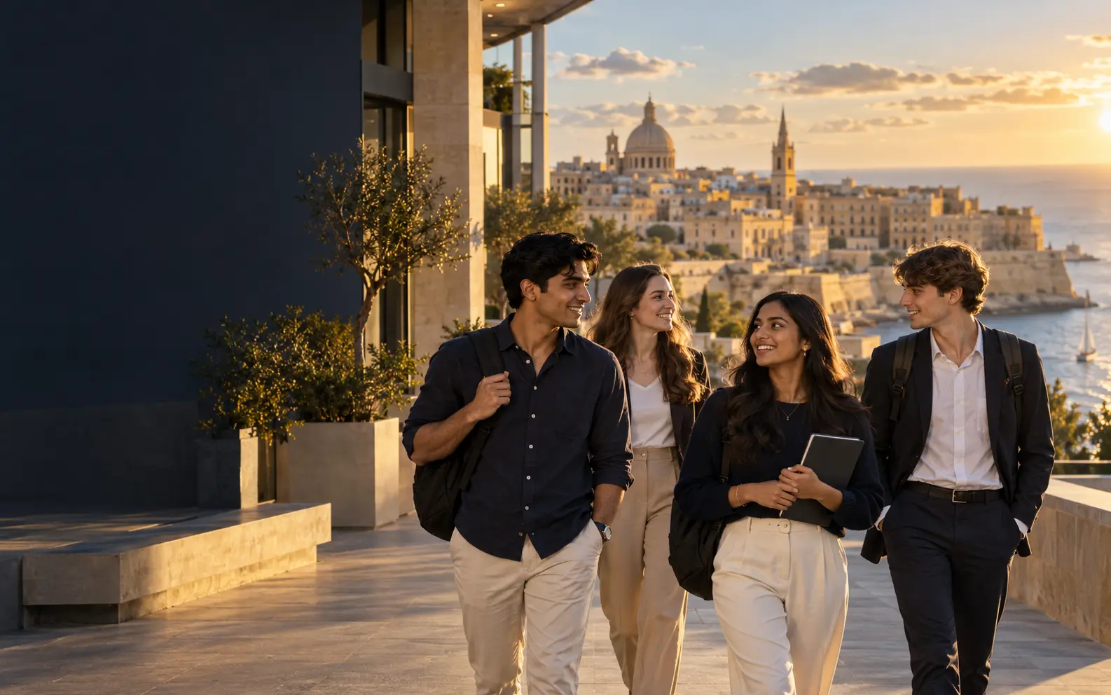 International students on a modern Mediterranean campus terrace in Malta
